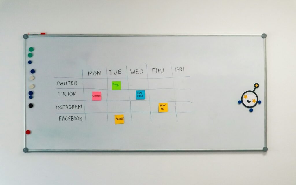 A white board with a bunch of stickers on it