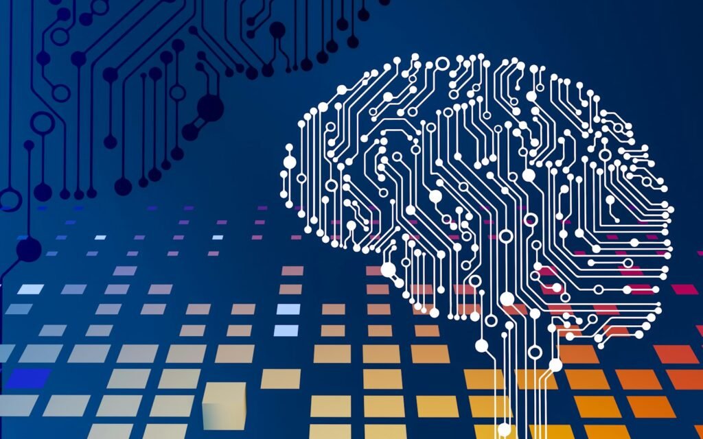 A computer circuit board with a brain on it