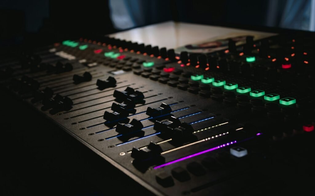 Black and green audio mixer