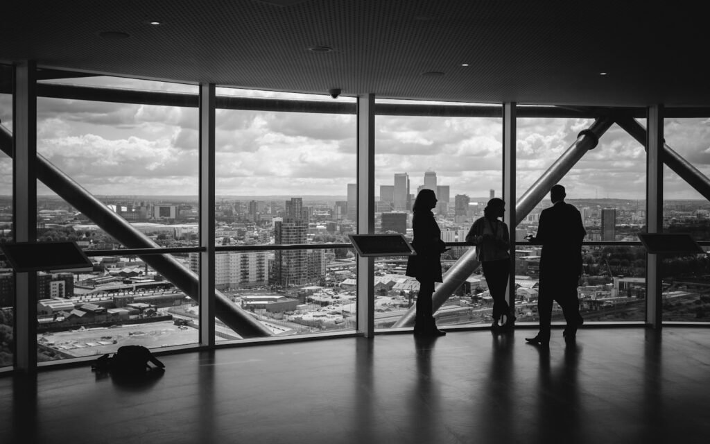 People standing inside city building